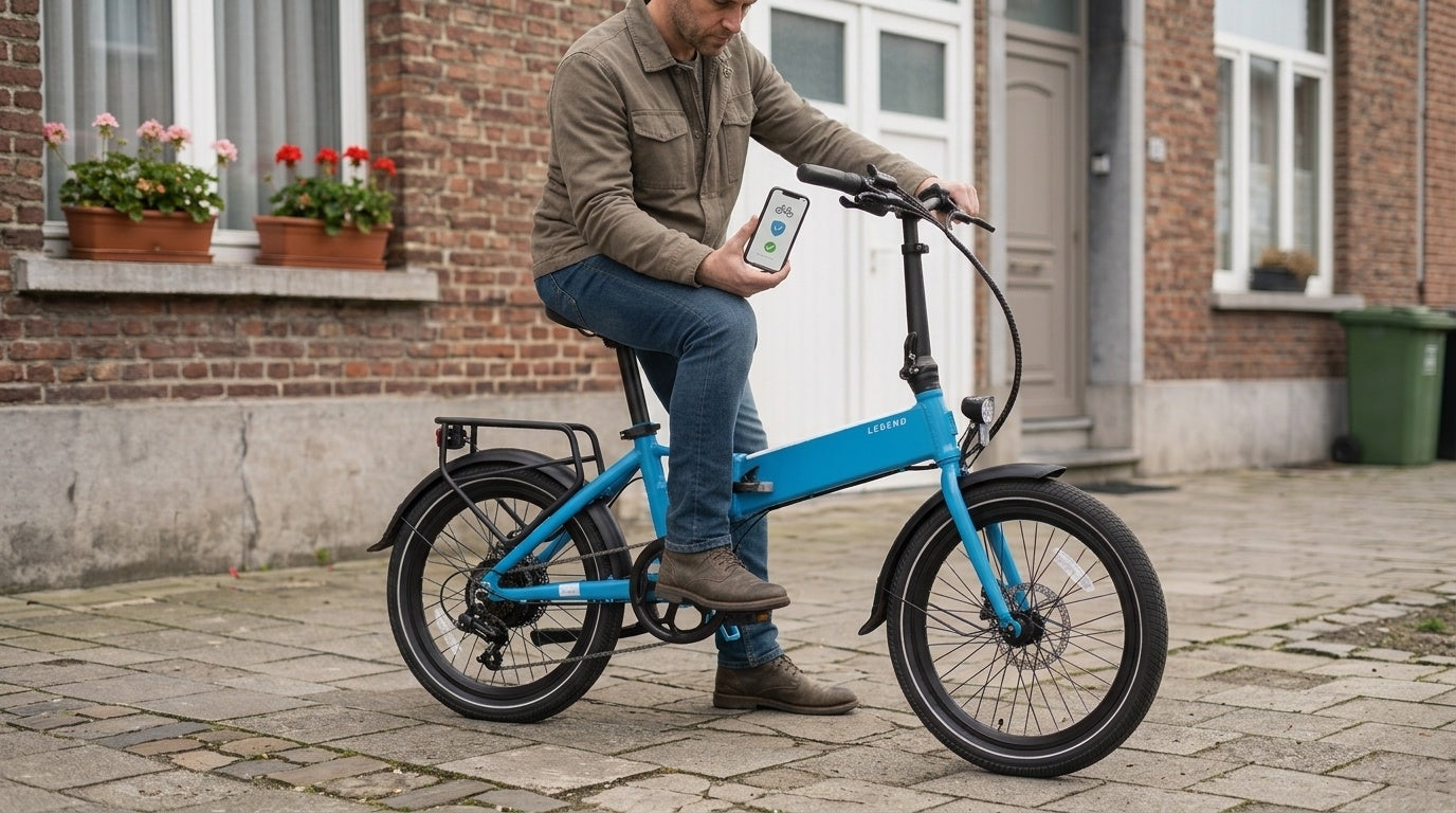 Man on a Legend folding electric bike reviewing insurance coverage on his smartphone outside a European style home
