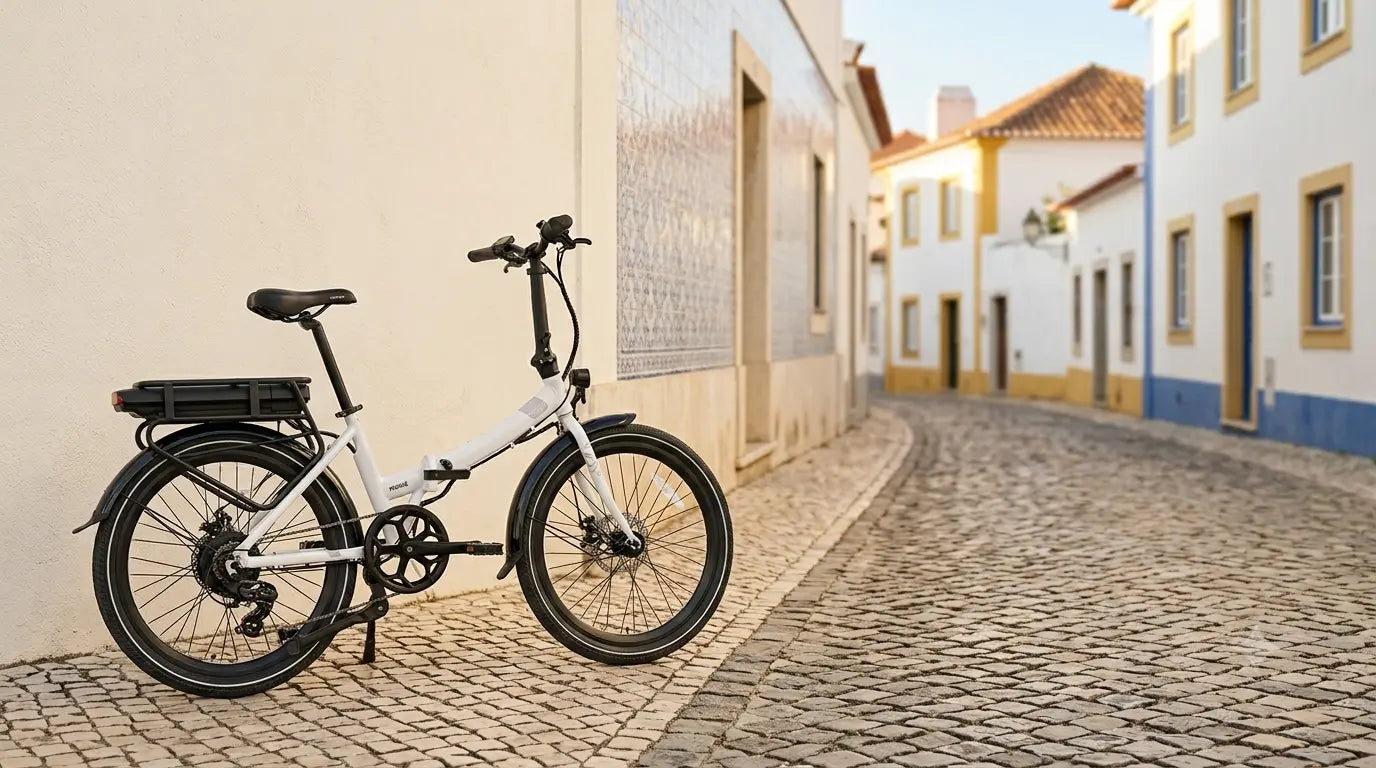 White Legend eBike parked on a cobbled street in a Portuguese town, illustrating the Fundo Ambiental e-bike subsidy in Portugal